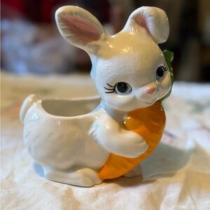 Vintage Charming White Bunny with Orange Carrot Planter